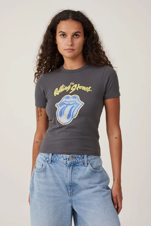 Women Tops Cotton On Lightweight Longline License Tee Lcn Br Rolling Stones Spiral Tonguegraphite