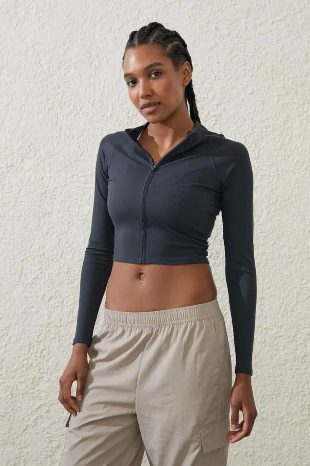 Women Tops Cotton On Rib Cropped Zip Through Long Sleeve Element Blue