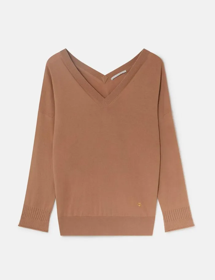 Women VNeck Long Sleeved Sweater Tan Beige Stella McCartney Knitwear