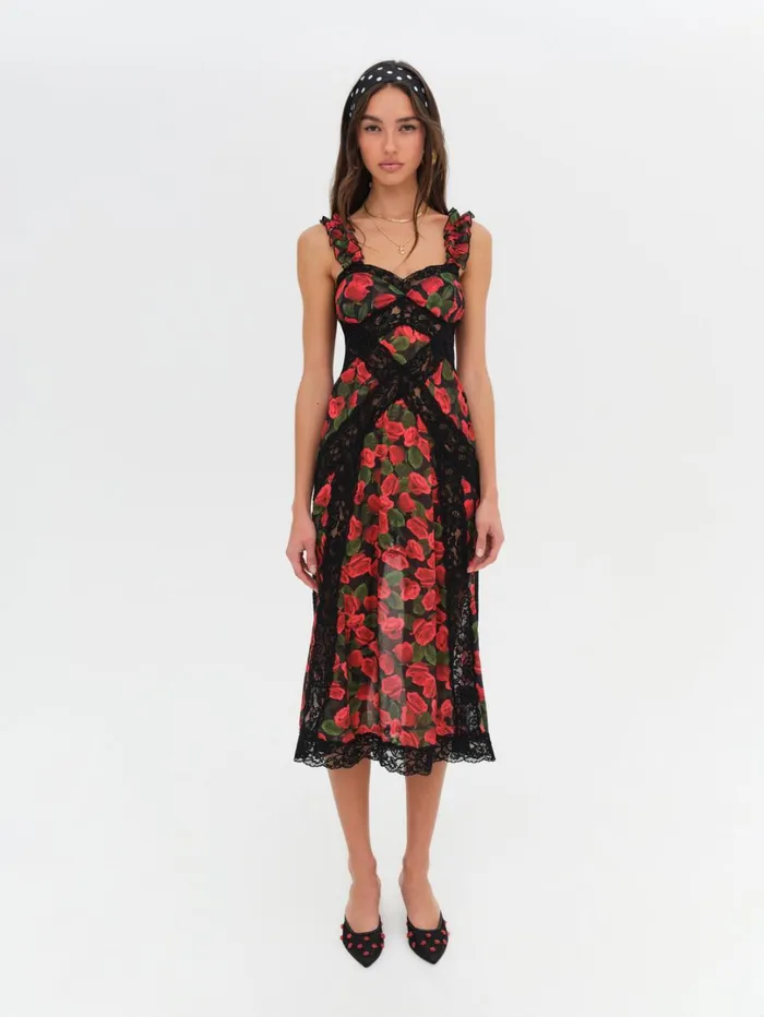 Women Varvera Sheer Midi Dress Red For Love and Lemons Dresses