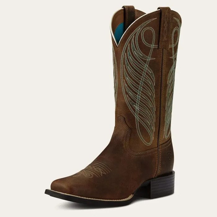 Women Western Boots Ariat Round Up Wide Square Toe Western Boot Powder Brown