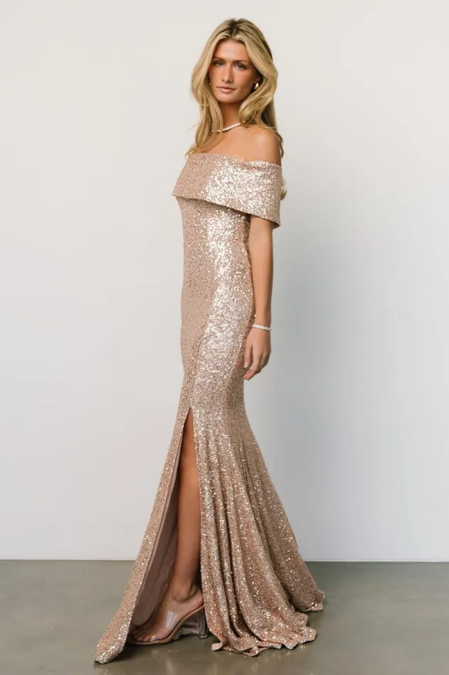 Women Yvonne Off Shoulder Sequin Gown Champagne Baltic Born Maxi Dresses
