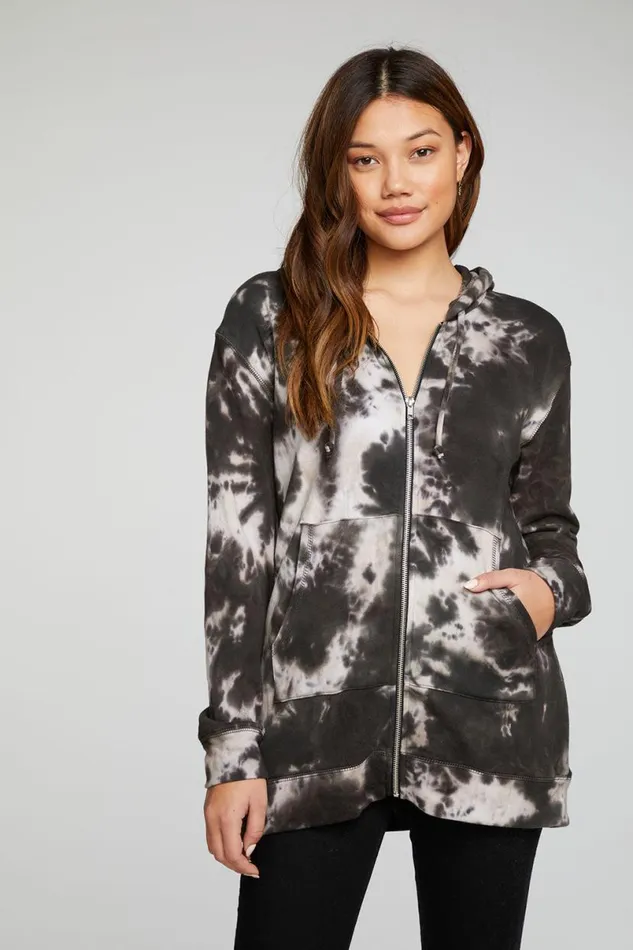 Womens Tops Chaser Brand Cotton Fleece Long Sleeve Zip Up Tunic Length Hoodie