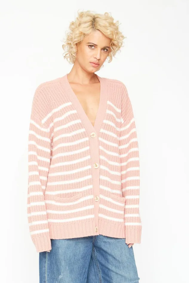 Womens Tops Chaser Brand Grandpa Cardigan Sweater 8211 Pink And White Stripe