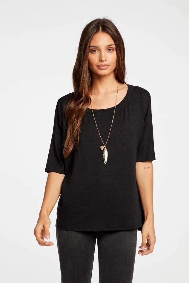 Womens Tops Chaser Brand Linen Jersey Cropped Short Sleeve Boxy Hi Lo Tee