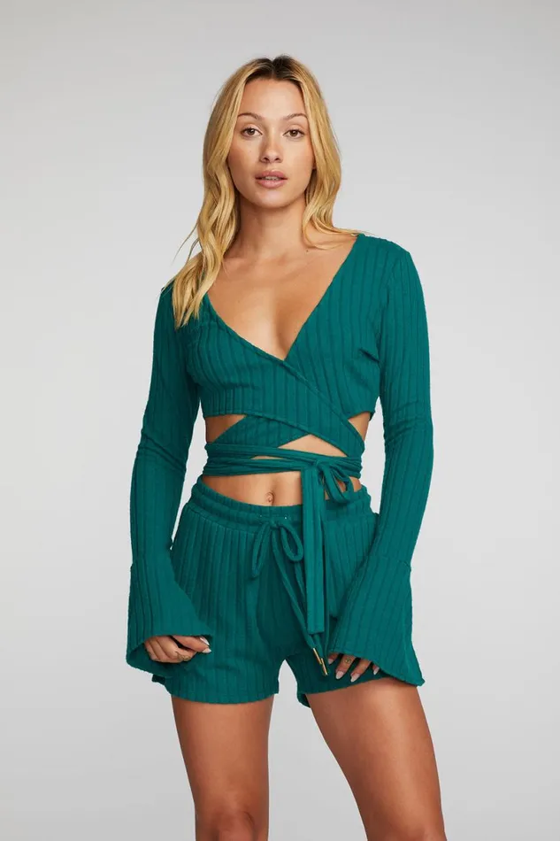 Womens Tops Chaser Brand Poor Boy Rib Long Sleeve Wrap Top