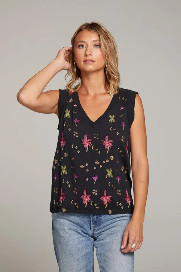 Womens Tops Chaser Brand Rolled Night Palm Armhole Vneck Muscle Tank