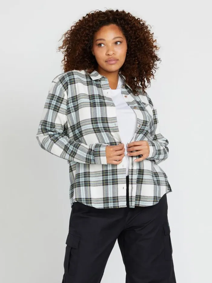 Womens Tops Volcom Plaid To Meet U Long Sleeve Shirt 8211 Star White