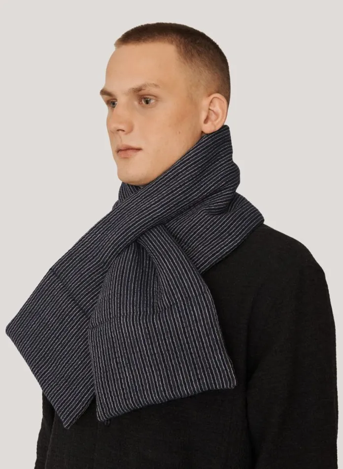 YMC Textured Stripe Slot Scarf Blue Mens Scarves